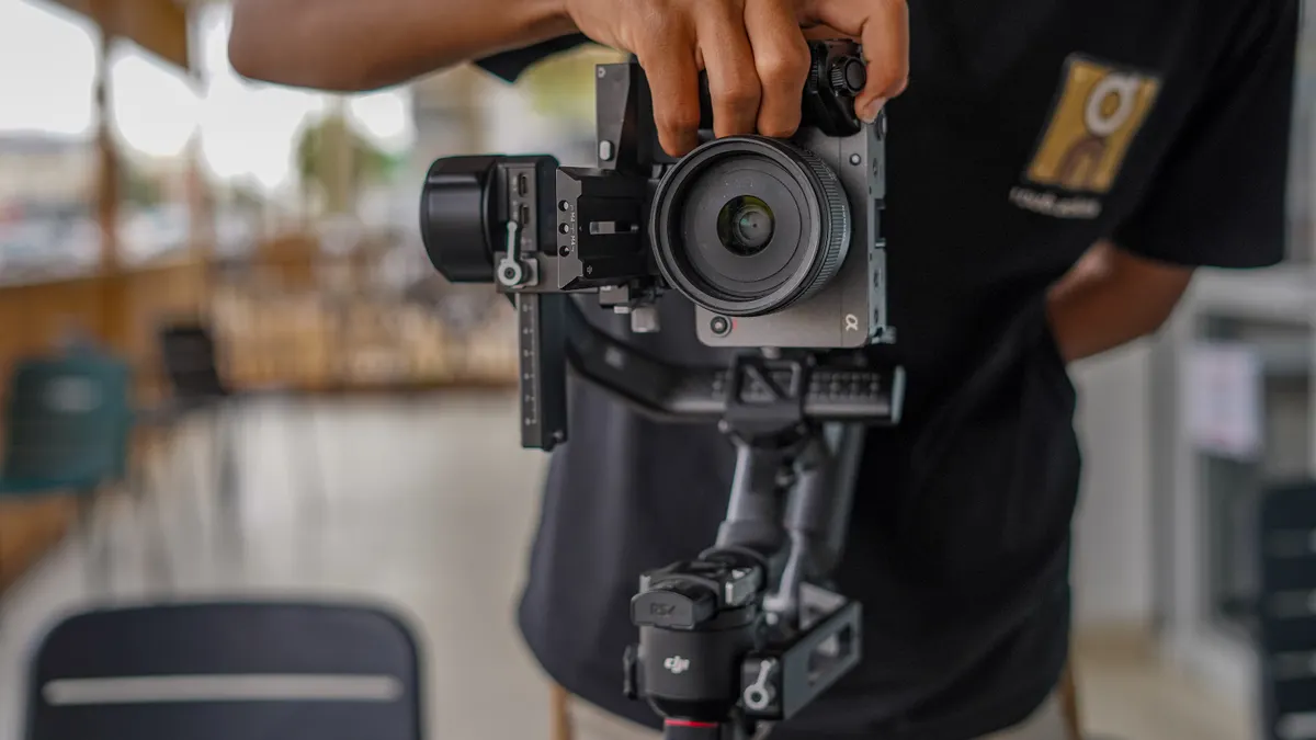 Close-up of a camera on a gimbal rig
